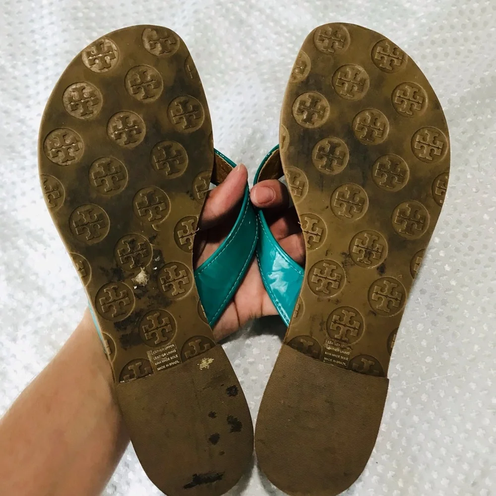 Tory Burch THORA Patent Flip Flops Sandals Shoes-turquoise Aqua Lizard